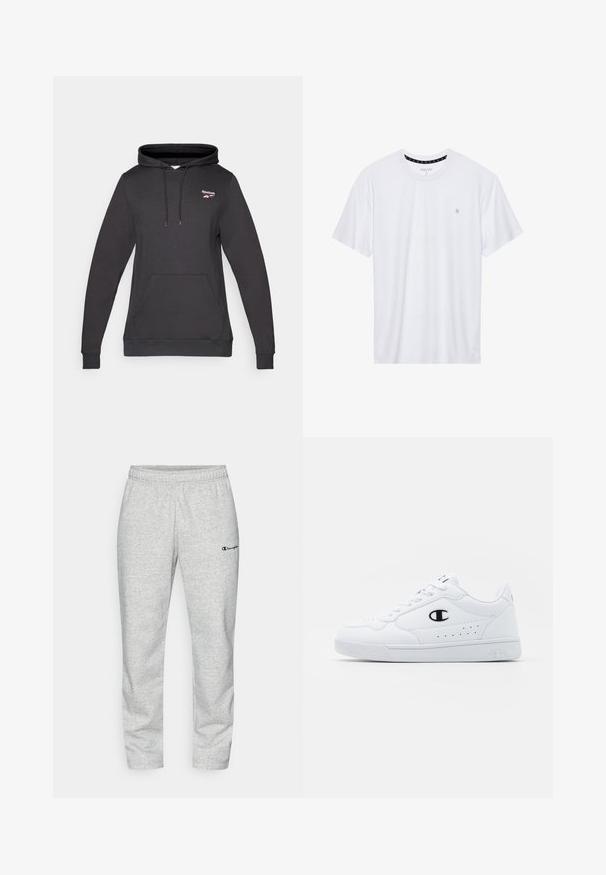 Černá mikina s kapucí vyrobená z bavlněné směsi, s přední kapsou, nastavitelnou kapucí na šňůrku a malým logem Reebok na hrudi.; Bílý crewneck tričko vyrobené z bavlny, s krátkými rukávy a malým logem vyšitým na levé straně hrudi. Měkká textura.; Šedé tepláky vyrobené z bavlněné směsi, s elastickým pasem a malým vyšitým logem v námořnické modři na levé noze.; Bílé sportovní tenisky s hladkým syntetickým svrškem, černým logem a perforovanými detaily po stranách. Gumová podrážka.