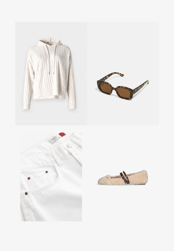 Lys beige hoodie med ribbet tekstur, der har en frontlomme, justerbar snor og en let cropped design. Blødt stof.; Hvide denimshorts med en mid-rise design, fem-lommer stil og hardware i kobberfarve. Tekstureret stof med syede detaljer.; Beige fuzzy flad sko med to mørkebrune justerbare spænder tværs over toppen og et lille guldemblem nær tåen.; Skildpadde-solbriller med en rund, kraftig ramme og brune linser. Har subtile mønstre og lige, afsmalnende stænger.