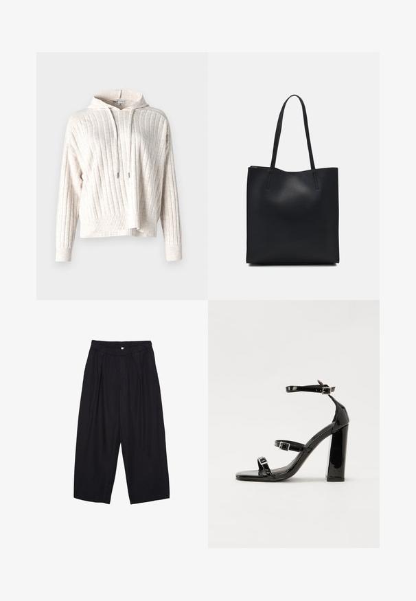 Světle béžová mikina s ribovanou strukturou, vybavená přední kapsou, nastavitelnou šňůrkou a mírně zkráceným střihem. Měkká tkanina.; Černé polyesterové culotte kalhoty s elastickým pasem, dvěma předními sklady a volným siluetou. Žádné viditelné vzory ani kovové detaily.; Černé lakované sandály na podpatku se čtveratou špičkou, lýtkovými pásky a stříbrnými přezkami. Disponují masivním blokovým podpatkem pro stabilitu.; Černá kožená taška přes rameno s hladkým povrchem, obdélníkovým tvarem a dvěma dlouhými uchy. Žádné viditelné kování ani ozdoby.