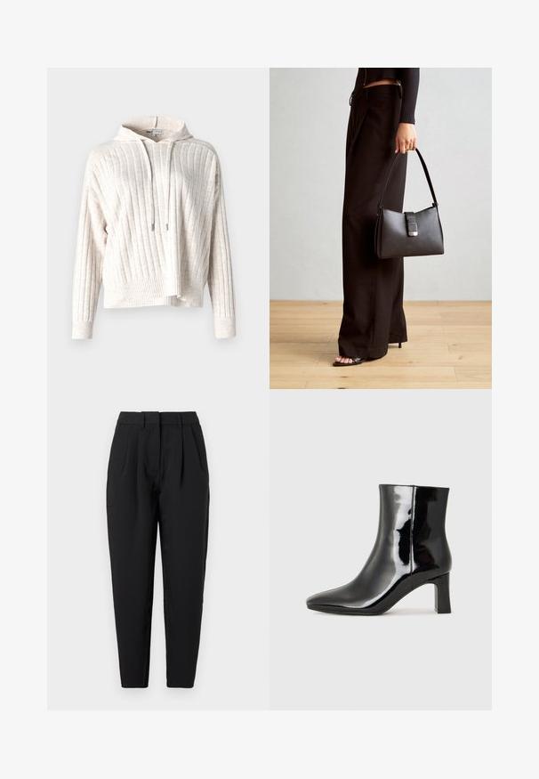 Sudadera color beige claro con textura acanalada, que cuenta con un bolsillo frontal, cordón ajustable y un diseño ligeramente corto. Tela suave.; Pantalones negros de corte recto, con pliegues en la parte delantera, textura suave y bolsillos laterales. La cinturilla es de altura estándar.; Botín de charol negro con punta afilada y un tacón de bloque de altura media. Textura suave y diseño minimalista.; Bolso negro con forma estructurada, textura suave y un cierre metálico. Combinado con pantalones anchos negros y sandalias de dedo en un suelo de madera.