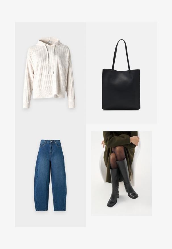 Light beige hoodie with ribbed texture, featuring a front pocket, adjustable drawstring, and slightly cropped design. Soft fabric.; Denim jeans in a medium blue wash, featuring a high waist, wide leg cut, and standard five-pocket design with visible stitching details.; Knee-high black leather boots with a squared toe and block heel, shown with a model seated in an olive green coat. Smooth texture, minimal detailing.; Black leather tote bag with smooth texture, rectangular shape, and two long handles. No visible hardware or embellishments.
