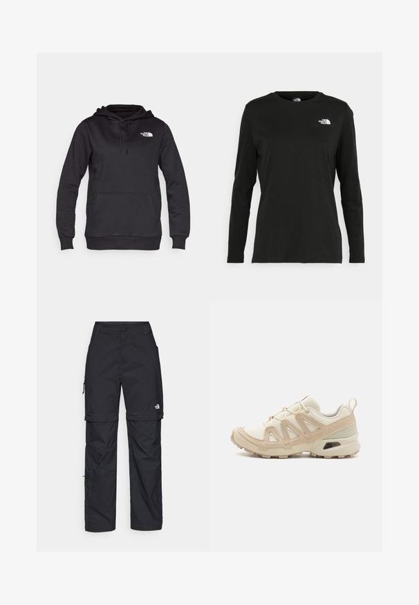 Mustat hupparitakki, joka on valmistettu puuvillasekoitteesta. Siinä on kengurupocket ja valkoinen logo rinnassa. Pehmeä rakenne ja pitkät hihat.; Musta pitkähihaisen t-paita, joka on valmistettu puuvillasta ja jossa on pyöreä kaula-aukko. Vasemmassa rinnassa on pieni valkoinen logo. Yksinkertainen muotoilu ja istuvuus.; Mustat nailonista valmistetut irrotettavat cargo-housut säädettävillä lahkeilla, useilla taskuilla ja logolla oikeassa jalassa. Liukas, kevyt rakenne.; Beige ja kreemi värvi sportlikud jalanõud, millel on tekstiilne mesh ülemine osa, toetavad ülekatted ja kummist tald, millel on mustripattern haardeks.