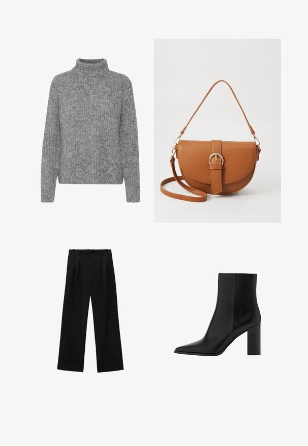 Šedý pletený sveter s vysokým golierom, rôznymi textúrami a štvorcovým strihom. Obsahuje dlhé rukávy a lem, ktorý sa nachádza v páse.; Čierne široké nohavice s skladmi, s hladkou textúrou a vysokým pásom. Minimalistický štýl, žiadne viditeľné kovania ani ozdoby.; Čierna kožená členková čižma s špicatou špičkou, štvorcovým podpätkom, hladkou textúrou a šitými detailmi pozdĺž švov. Výška podpätkov je približne 3,5 palca.; Hnedá kožená kabelka cez telo s zakriveným tvarom, zlatými kovovými doplnkami a akcentom s prackou. Obsahuje odnímateľný ramenný popruh.
