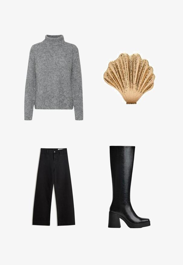 Grau gestrickter Pullover mit hohem Kragen, variierenden Texturen und boxy Form. Verfügt über lange Ärmel und einen Saum, der in der Taille sitzt.; Schwarze weit geschnittene Jeans mit hoher Taille, ausgestattet mit Vorder- und Hintertaschen, gesteppten Nähten und einem Knopfverschluss. Glatte Textur.; Schwarze kniehohe Stiefel aus strukturiertem synthetischem Material, mit quadratischer Zehenform, klobigem hohen Absatz und glatter, eleganter Oberfläche.; Goldfarbener, muschelförmiger Dekorationsartikel mit strukturiertem Oberflächen- und Rillen-Design, ausgestattet mit einer flachen Basis für Stabilität.