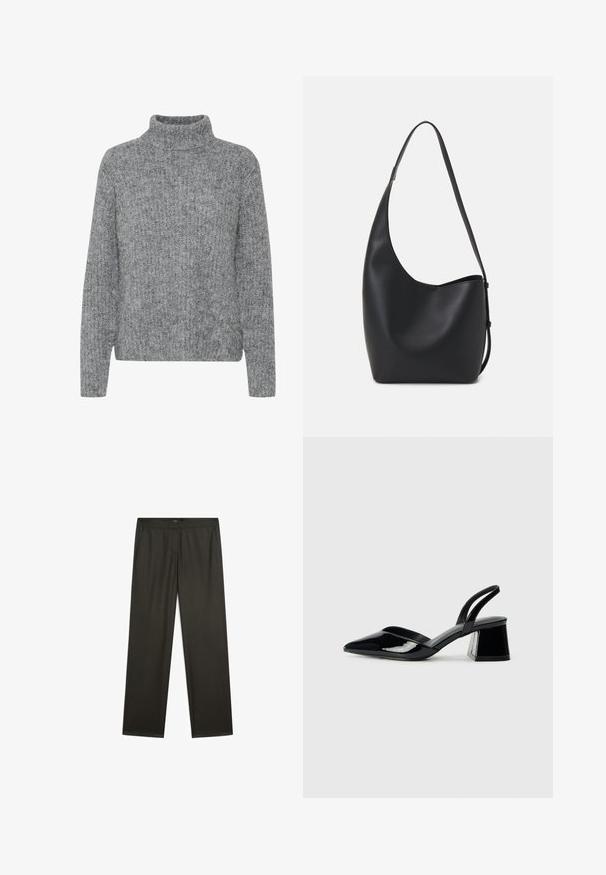 Szary sweter z dzianiny o wysokim kołnierzu, o różnorodnych teksturach i kanciastym fasonie. Ma długie rękawy i dół, który sięga do talii.; Ciemnozielone, szerokie spodnie o gładkiej fakturze, z elastycznym paskiem w talii i bocznymi kieszeniami. Prosty fason bez widocznych wzorów ani okuć.; Czarne lakierowane półbuty na obcasie z wydłużonym noskiem i geometrycznym słupkiem. Charakteryzują się eleganckim, minimalistycznym designem oraz gładką fakturą.; Czarna skórzana torba hobo o gładkiej fakturze, zaokrąglonym kształcie i pojedynczym, regulowanym pasku; posiada szerokie otwarcie na górze.