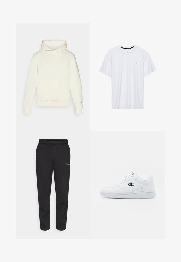 Hooded sweatshirt in cream, made of soft fabric. Features a front pocket, ribbed cuffs, and a small logo on the chest. Simple, unadorned design.; White crewneck t-shirt made of cotton, featuring short sleeves and a small logo embroidered on the left chest area. Soft texture.; Black sweatpants made of cotton blend, featuring an elastic waistband and a small white logo on the left side. Tapered leg design.; White athletic sneakers with a smooth synthetic upper, black logo accent, and perforated detailing on the side. Rubber sole.
