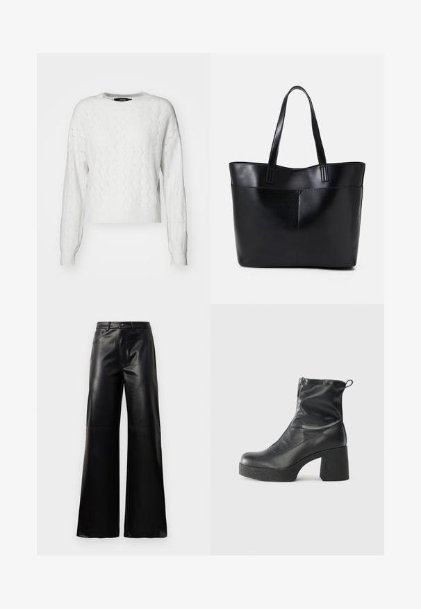 Vero Moda VMYEN ONECK - Jumper - birch; Black high-waist wide-leg faux leather pants with front button, zip closure, belt loops, and side pockets on white background.; Black ankle boots made of smooth leather, featuring a side zipper, chunky textured heel, and rounded toe design.; Black leather tote bag with two long handles, a smooth texture, and a structured shape. Features a front pocket for additional storage.