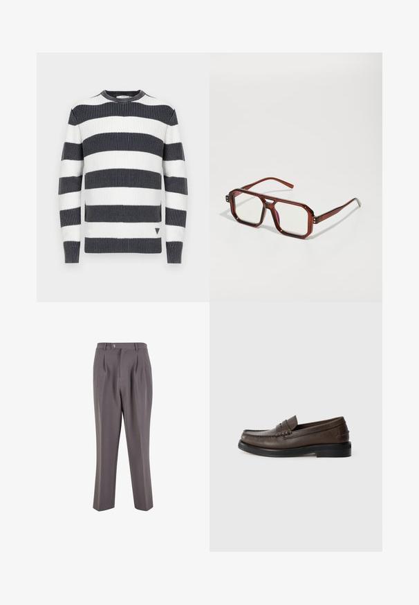Stripet genser med tykke horisontale striper i marineblått og hvitt; ribbet tekstur; rund hals; liten trekantet detalj på kanten.; To t-skjorter med kort erm og rund hals, en svart og en hvit, laget av mykt bomullsmateriale med ribbestruktur. Klassisk passform.; Grå plisserte bukser laget av glatt stoff, med rett ben-design, enkelt knappelukking og skrå sidelommer.; Brune skinnloafers med rund tå, detaljert søm og flat svart såle. Har en liten dekorativ rem over vristen.; Brune gjennomsiktige overdimensjonerte briller med rektangulære linser og slanke tenger. Vinklet, litt avrundede hjørner og synlige hardware-detaljer.; Svarte tekstilveske med en strukturert, quiltet mønster. Rund form, korte, tykke håndtak og en myk, fleksibel struktur.