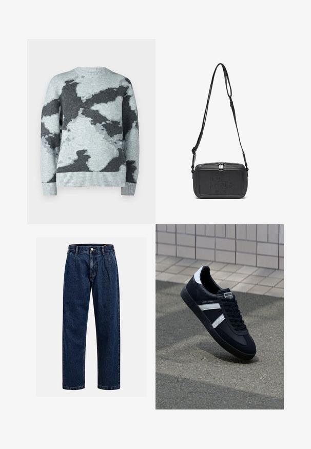 Jack & Jones JCOTRAVIS - Džemper - light grey melange; Tumed sinine denimiteksad sirge lõikega. Omavad nähtavat tikandit, nuppe sulgemiseks ning ees olevaid voldikesi lisadetailiks.; Must have musta sneaker musta valgete triipudega, tekstuurne kummitald ja nööridega esiosa. Omab bränditud märki keele peal.; Musternast mustriga nahast ristiõlgadega kott, millel on tõmbluku sulgemine, esiküljel on sissepressitud logo ja reguleeritav rihm. Sile tekstuur ja ristkülikukujuline kuju.
