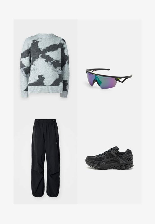 Jack & Jones JCOTRAVIS - Jumper - light grey melange; Black lightweight cargo pants with an elastic waistband, side zippers, and spacious pockets. Features a loose fit and tapered cuffs.; Black athletic shoe featuring mesh upper, rubber sole, and textured accents. Design includes pronounced lacing system and cushioned sole.; Sport sunglasses with a black frame, large gradient lens featuring purple and green hues, and angular design accents with logo detail.