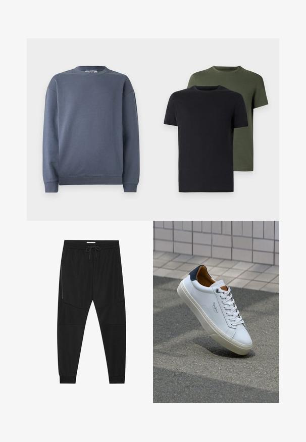 Mørk grå hettegenser med rund hals, ribbede mansjetter og nederkant. Laget av mykt bomullsmateriale med en glatt tekstur og minimalistisk design.; To t-skjorter med rund hals i svart og olivengrønn, laget av myk bomullstoff. Designet er enkelt med korte ermer og rett snitt.; Sorte treningsbukser laget av teksturert stoff, med justerbart liv, glidelåslomme på siden og avsmalnende mansjetter.; Hvit lærsneaker med marineblå hæl, rund tå og kontrasterende brune detaljer. Har flate lisser og teksturert gummisåle.
