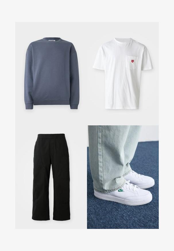 Dark gray sweatshirt with a crew neckline, ribbed cuffs, and hem. Made of soft cotton material with a smooth texture and minimal design.; White cotton t-shirt with a round neckline and short sleeves. Features a small red heart logo on the left chest pocket.; Black cotton pants with an elastic waistband, wide leg design, and large side pockets. Fabric appears soft with a smooth texture.; White leather sneakers with green Nike logo, round toe, flat sole, paired with light blue denim pants, shown on a blue carpet.