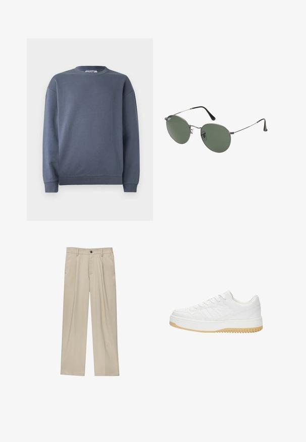 Sötét szürke pulóver, kerek nyakkivágással, bordázott mandzsettákkal és aljjal. Puha pamut anyagból készült, sima textúrával és letisztult dizájnnal.; Fehér polo póló, amely pamutból készült, klasszikus gallérral, rövid ujjakkal és egy kis sötétkék logóval a bal mellen. Két gombos gombolás.; Beige egyenes szárú nadrág, egy fekete gombbal, övhurkokkal és oldalzsebekkel. Sima szövettextúra és minimális design.; Fehér bőr sneaker, texturált felülettel, gumitalppal, fűzős kialakítással és diszkrét csíkozással az oldalakon.; Fémkeretes napszemüveg ovális zöld lencsékkel. Vékony ezüst színű fémkeret és fekete fülrész. Minimalista dizájn, látható logók nélkül.
