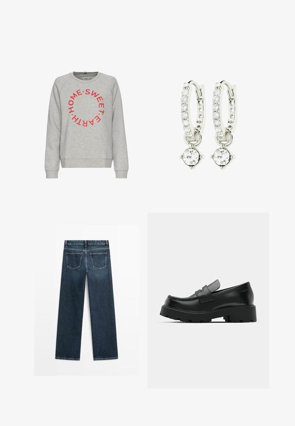 Grauer Sweatshirt mit rundem grafischen Design, das "HOME SWEET HOME" in roter Schrift zeigt. Hergestellt aus weichem Stoff mit gerippten Bündchen und Saum.; Dunkelblaue Jeans im geraden Schnitt, mit zwei Gesäßtaschen und sichtbaren Nähten entlang der Nähte und Säume.; Schwarze Leder-Loafers mit einer chunky strukturierten Sohle, ausgestattet mit einem Riemen über dem Spann und einer glatten, polierten Oberfläche.; Silberfarbene Creolen mit einer Reihe klarer Steine und einem runden Kristallanhänger, der von jeder hängt. Poliertes Metall, elegantes Design.