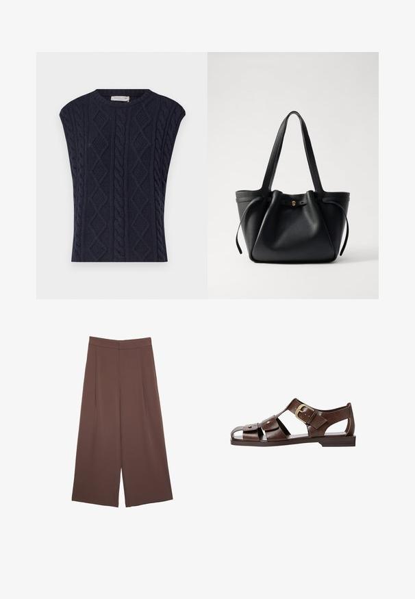 Pulover u tamnoplavoj boji s pletenim uzorkom od kablova, dijamantnim oblicima i širokim kapicama. Okrugli izrez, mekani materijal od vune.; Smeđe hlače širokog kroja s glatkom teksturom, koje imaju visok struk i nabore sprijeda. Tkanina je lagana i slobodno se kreće.; Smeđe kožne sandale s izrezbarenim dizajnom, podesivim bočnim kopčanjem i ravnim potplatom, s metalnim detaljima i otvorenim prstima.; Crna kožna torba za nošenje s dva dugačka remena, skupljenim vrhom i zlatnim okruglim detaljem. Glatka tekstura s minimalističkim dizajnom.
