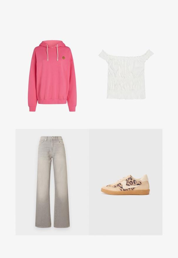 Sudadera rosa con un gran bolsillo delantero, capucha con cordón, puños y dobladillo acanalados. Presenta un pequeño logo redondo en el lado izquierdo superior.; Top blanco sin mangas con detalles de volantes, textura fruncida y cintura elástica. Fabricado en suave tejido de algodón.; Jeans de pierna ancha grises con un acabado desgastado, cierre de botón, diseño de cinco bolsillos y costuras decorativas a lo largo de las costuras.; Zapatillas de leopardo con parte superior de ante beige, suela de goma marrón y acentos blancos. Punta redonda y diseño con cordones con un acabado texturado.