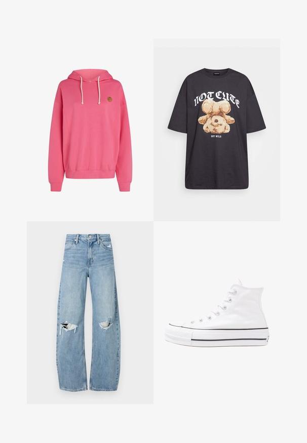 Sudadera rosa con un gran bolsillo delantero, capucha con cordón, puños y dobladillo acanalados. Presenta un pequeño logo redondo en el lado izquierdo superior.; Camiseta negra de gran tamaño con un gráfico de un oso y el texto "NO LINDO SINO SALVAJE" en letras blancas y en negrita. Material de algodón.; Vaqueros de mezclilla de tiro alto en azul claro. Tienen piernas anchas, dos áreas desgastadas en las rodillas y un estilo clásico de cinco bolsillos.; Zapatilla de lona alta blanca con suela de goma negra, puntera de goma frontal y seis ojetes para los cordones, que presenta un diseño limpio y minimalista.