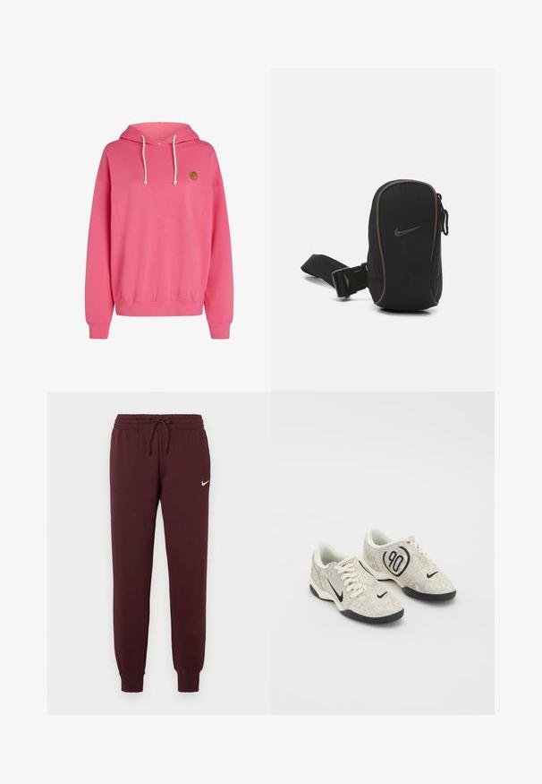 Sudadera rosa con un gran bolsillo delantero, capucha con cordón, puños y dobladillo acanalados. Presenta un pequeño logo redondo en el lado izquierdo superior.; Pantalones de chándal burdeos con cintura elástica y cordón. Cuenta con puños acanalados y un pequeño logo blanco de Nike en el muslo izquierdo. Textura suave.; Zapatillas Nike con un upper texturizado en beige y gris, acentos negros, un gran logo de "90" y un cierre de cordones blancos. Suela negra.; Bolso negro de Nike con cierre de cremallera, tejido texturizado, acentos marrones y una correa desmontable. Presenta un logo de Nike destacado en la parte frontal.
