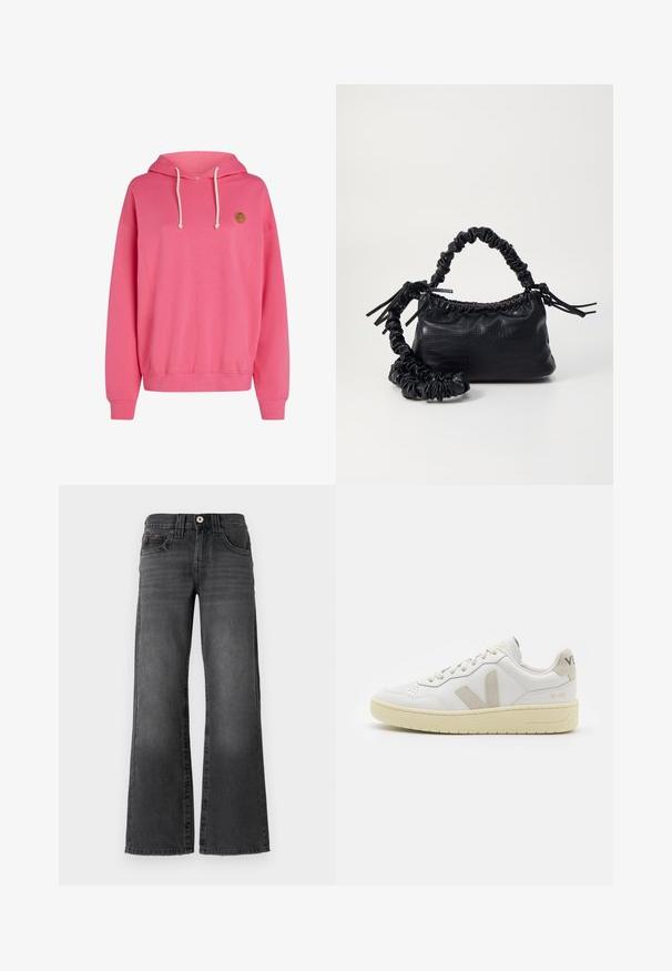 Rosa huvtröja med en stor framficka, dragsko på huvan, ribbade muddar och nederkant. Har en liten rund logo på övre vänstra sidan.; Breda jeans i mörkgrå denim. Utan ett par fickor, knappstängning och subtila blekningar på tyget. Klassiska sömnadsdetaljer.; Vita lädersneakers med beige mockadetaljer, perforerad tåbox, platta snören och en texturerad krämfärgad sula. Har diskret varumärkning på hälen.; Svart faux läderhandväska med krokodiltextur, snodd topp och en skrämd rem. Ser mjuk och kompakt ut i designen.