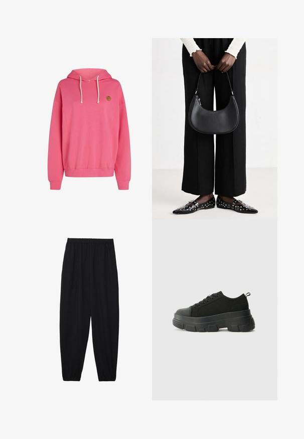 Różowa bluza z kapturem, z dużą kieszenią z przodu, sznurkiem przy kapturze, żebrowanymi mankietami i dołem. Posiada małe okrągłe logo na górnej lewej stronie.; Czarne, lekkie spodnie z elastycznym pasem i ściągaczami na kostkach. Materiał jest gładki i ma luźny, zwężany krój.; Czarne sneakersy z masywną gumową podeszwą, teksturowaną górną częścią, okrągłym noskiem i sznurowanym zapięciem. Posiadają wzmocnione oczka i pętelkę z tyłu.; Czarna skórzana torba na ramię o zaokrąglonym kształcie, z połyskującym wykończeniem i srebrnymi akcentami. Osoba w czarnych spodniac wyszczuplających i znaczonymi loafersami.