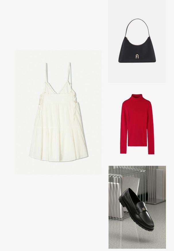 Pull à col roulé rouge à côtes avec des manches longues, présentant une coupe ajustée, une texture douce et un design uni. Pas de motifs ni d'accents.; Robe blanche sans manches avec bretelles spaghetti réglables, en tissu texturé et bordée de volants superposés à l'ourlet. Détails en crochet au niveau de l'encolure.; Mocassins en cuir noir avec une couture surélevée, logo doré en accent et sangle texturée. Comportent une semelle en caoutchouc épaisse et durable.; Sac à main en cuir noir avec une forme arrondie, une courte poignée, des accessoires en or et une fermeture éclair en haut. Présente un accent de logo à l'avant.