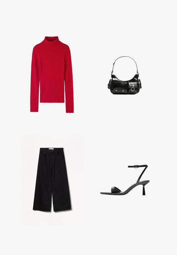 Czerwona, prążkowana sweter z golfem, z długimi rękawami, o dopasowanym kroju, miękkiej fakturze i jednolitym kolorze. Bez wzorów ani dodatków.; Bershka WIDE czarny; Bershka - Sandały na obcasie; Czarna torebka z lakierowanej skóry o zaokrąglonym kształcie, z jednym paskiem na ramię, przednimi kieszeniami i akcentami w kolorze srebrnym.