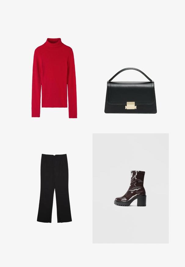 Red ribbed turtleneck sweater with long sleeves, featuring a snug fit, soft texture, and a solid color design. No patterns or accents.; Black trousers with a straight fit, featuring front pockets and side slits at the hem. Made of soft, smooth fabric. Suitable for various occasions.; Glossy burgundy ankle boot with a chunky black heel, featuring a smooth texture and simple design. No visible fastenings or patterns.; Black leather handbag with a structured design, top handle, and a gold metal clasp detail on the front. Smooth texture, minimal stitching.