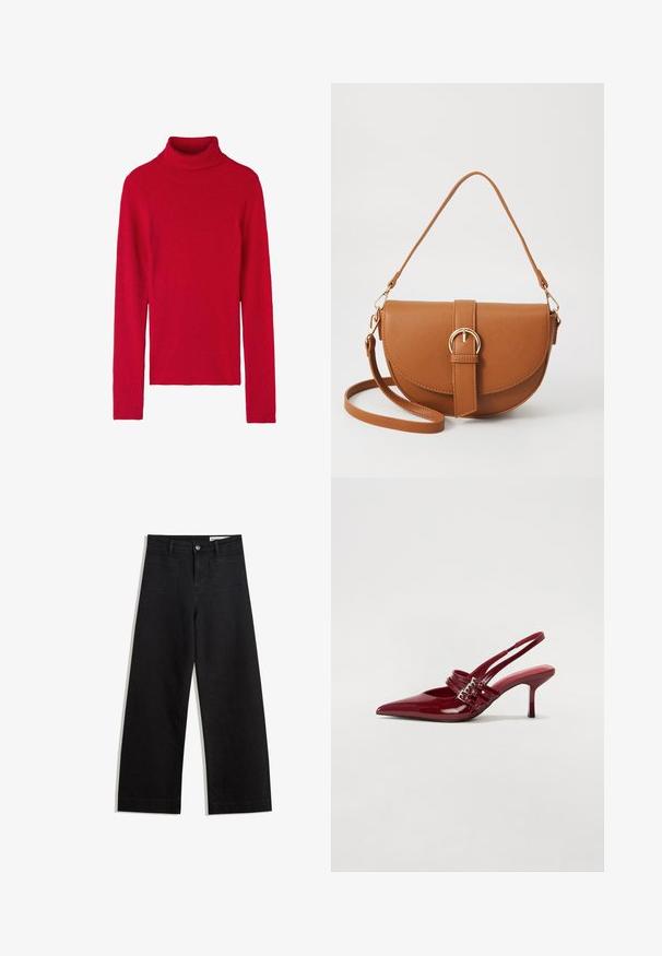 Roter gerippter Rollkragenpullover mit langen Ärmeln, der eine enge Passform, eine weiche Textur und einfarbiges Design aufweist. Keine Muster oder Akzente.; Schwarze weit geschnittene Jeans mit hoher Taille, ausgestattet mit Vorder- und Hintertaschen, gesteppten Nähten und einem Knopfverschluss. Glatte Textur.; Rote Lackleder Slingback-Absätze mit spitzem Zeh, zwei Schnallenriemen und einem schlanken, mittelhohen Stiletto-Absatz. Glatte Textur.; Braune Leder-Crossbody-Tasche mit geschwungener Form, goldfarbenen Beschlägen und einer Schnallenakzentuierung. Verfügt über einen abnehmbaren Schultergurt.