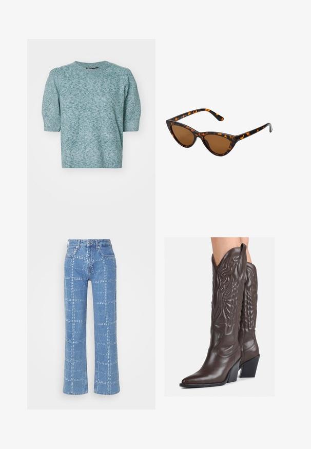 Pleteni pulover v mehki, strukturirani mint zeleni, z oblečenimi kratkimi puff rokavi in okroglim izrezom, z udobnim krojem.; Svjetloplavi traperice ravnog kroja, sa rešetkastim uzorkom srebrnih zakovica i klasičnim dizajnom s pet džepova.; Rjave usnjene kavbojske čevlje z ostrim nosom in blok peto, ki vsebujejo podrobno šivanje in dvignjene dodatke na zgornjem delu.; Mačje oči sončna očala z okvirom v črno-oranžni želvej ohišji, rjavimi lečami in elegantnimi, ostrimi konicami. Imajo minimalistični logo na ročaju.