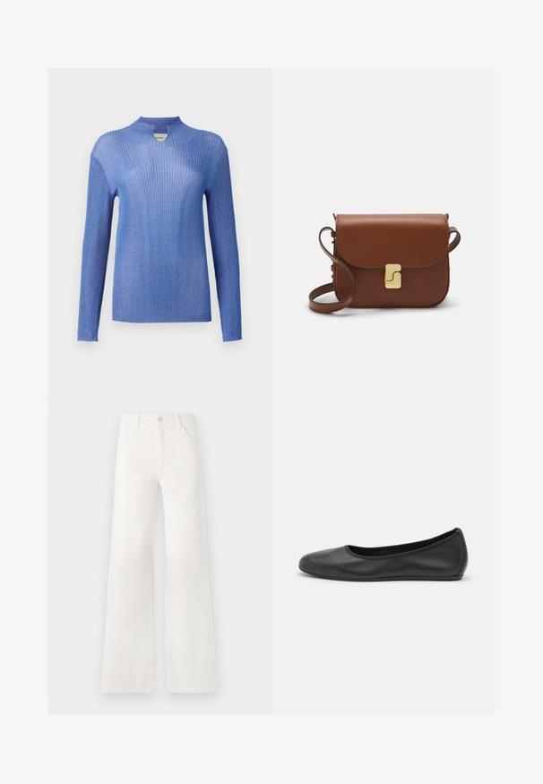 Sinine ribakudumisega sviiter kõrge kaelusega ja pikkade varrukatega. Omab tekstuuri ja kerget sära, pakkudes keha lähedast siluetti.; Valged, kõrge vöökohaga laiad teksad, mis on valmistatud denimist. Omab nupuga sulgemist, kahte esimest taskut ja külgede õmbluste detailseid õmblusi.; Musthave mustika tantsutossud mustast nahast, ümmarguse varbaga, siledast tekstuurist, minimaalse õmblusdetailiga ja paindliku tallakujundusega.; Pruunist nahast käekott, millel on klapiga sulgur, kuldne riistvara, õlarihm ja sile tekstuur. Kompaktne ristkülikukujuline vorm.