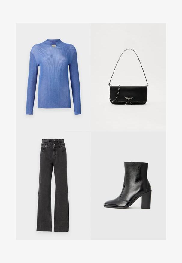 Modra rebrasta pletena jopica z visokim ovratnikom in dolgimi rokavi. Ima teksturiran zaključek in rahlo sijaj, kar ponuja telesu prilegajočo silhueto.; Črne visokotrzne kavbojke imajo naravnost krojen hlačnic, rahlo poškodovano podrobnost in kovinski gumb na pasu.; Črne usnjene gležnarske čevlje z gladko teksturo, koničastim nosom in debelim visokim petam. Imajo stransko odprtino in minimalističen dizajn.; Črna usnjena torbica s srebrnim verižnim ročajem, ki ima okrasne krilate poudarke in belo šivanje ob spodnjem šivu.