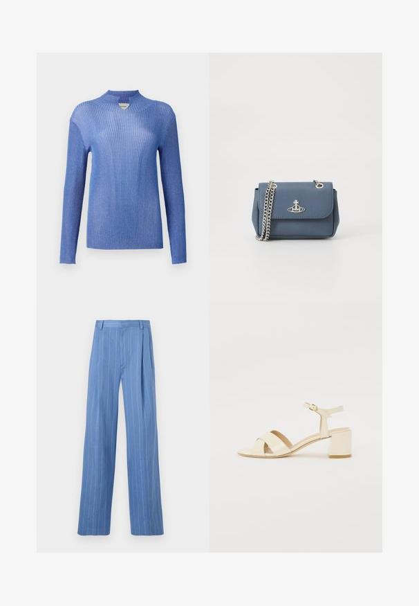 Blauwe geribbelde gebreide trui met een hoge halslijn en lange mouwen. Heeft een textuurafwerking en een lichte glans, wat zorgt voor een aansluitende silhouet.; Lichtblauwe wijde broek met verticale witte strepen. Gemaakt van een gladde stof, met een voorplooien en een strakke tailleband.; Beige gepolijst lederen sandalen met hakken, voorzien van een kruisbandontwerp, open teen, verstelbare enkelband en een blokhak. Gladde textuur.; Blauwe textuur neplederen handtas met een zilveren kettingriem en een logo-accent aan de voorkant. Sluiting met een klapontwerp.