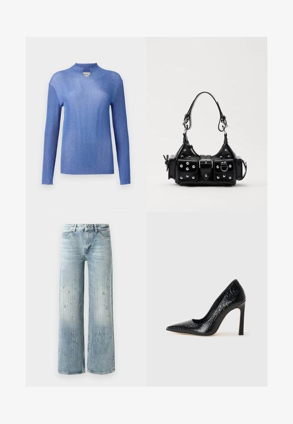 Plavi rebrasti pleteni džemper s visokim ovratnikom i dugim rukavima. Ima teksturiranu završnicu i lagani sjaj, nudeći uski kroj.; Svijetloplave široke traperice od denima, s gradijentnim efektom boje i ukrasima od srebrnih rhinestona u vertikalnom uzorku.; Crne visoke potpetice s oštrim prstima, od teksture krokodilske kože, elegantnog dizajna, visoke stiletto potpetice i glatkog crnog unutrašnjosti.; Crna kožna torba s zakrivljenim dizajnom, koja sadrži srebrne zakovice, kopču i dva bočna džepa. Podesiva traka za različite opcije nošenja.