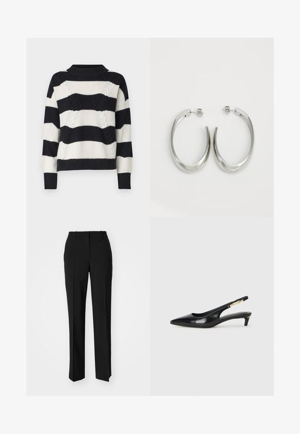 Guess SERENA - Jumper - cream/black; Black tailored trousers with a straight-leg design, featuring a smooth texture and crisp creases along the front. No visible hardware.; Black leather slingback heels with a pointed toe, featuring a slim heel and a gold-tone accent on the adjustable strap. Smooth texture.; Silver hoop earrings with a smooth, curved design. Features a shiny metallic finish and stud closure. No visible patterns or accents.