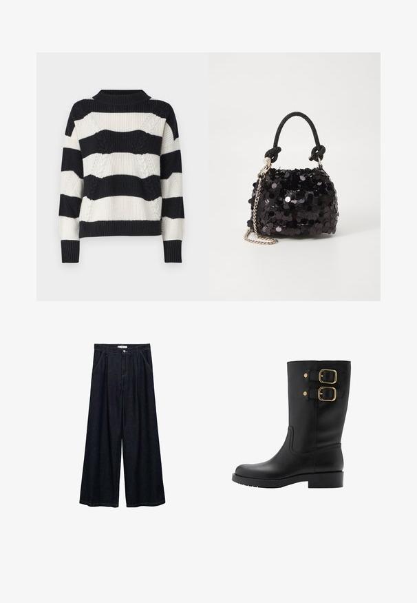 Guess SERENA - Neule - cream/black; Tummat farkku leveälahkeiset housut korkealla vyötäröllä, joissa on etunapit, kaksi sivutaskua ja ompeluyksityiskohtia.; Musta nahkainen nilkkuri, jossa on kaksi kultaisen solkia ja pyöristetty kärki. Varustettu matalalla lohkareilla ja teksturoidulla pohjalla, joka tarjoaa pidon.; Mustan paljetti-minilaukku, jossa on solmittu teksturoidu hihna ja hopeaketju. Pyöreä muoto, joissa on rypistetty yläosa ja heijastava yksityiskohta.