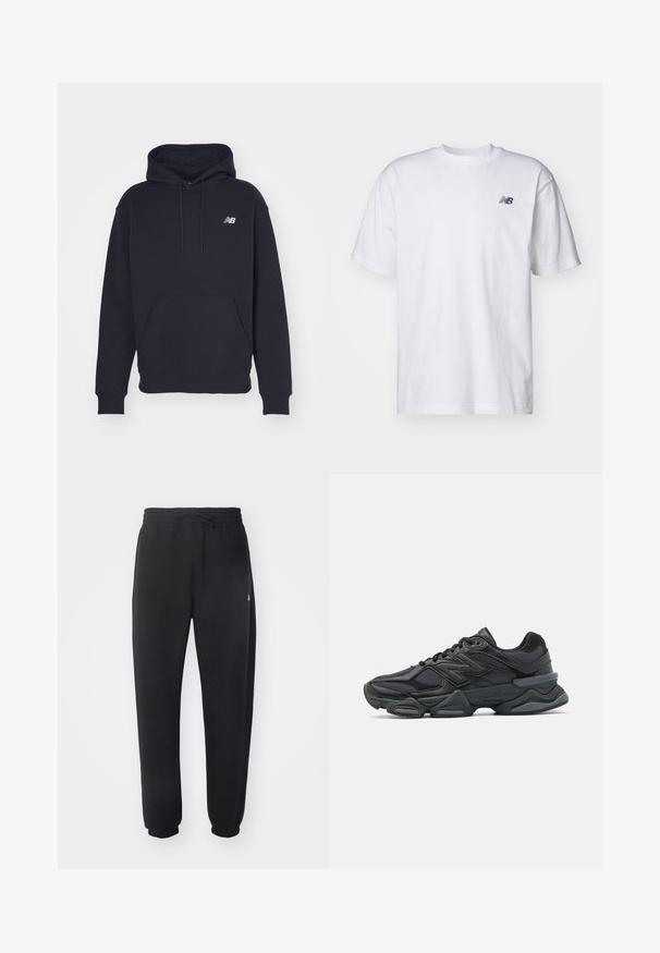 Hanorac negru dintr-un amestec de bumbac, dotat cu buzunar tip kangaroo, glugă cu șnur și un mic logo brodat pe piept.; Cămașă albă cu mânecă scurtă și gât rotund, cu un mic logo Negru New Balance pe partea stângă a pieptului, pe un fundal simplu.; Pantaloni de trening negri, dintr-un material moale, cu talie elastică, șnur de ajustare și manșete tapered, având un logo discret pe lateral.; Pantofari de alergare negri, cu un amestec de plasă și materiale sintetice, talpă masivă, design curbat și branding proeminent pe lateral.
