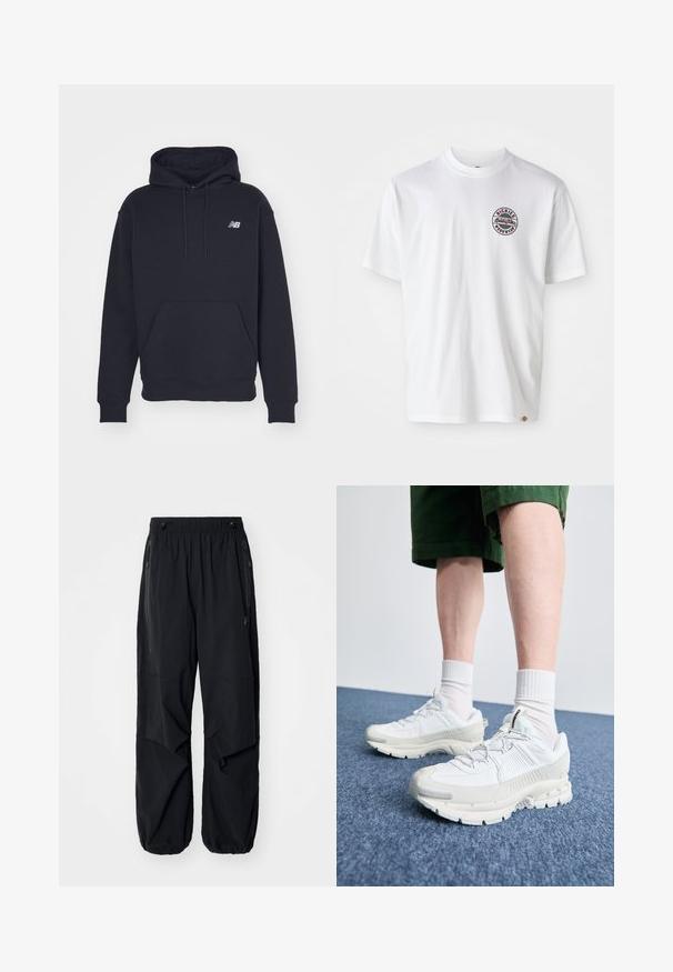 Melnā kapuce, izgatavota no kokvilnas maisījuma, ar kenguru kabatu, auklu kapuci un mazu izšūtu logotipu uz krūtīm.; Balta kokvilnas t-krekls ar apaļu logotipu uz krūtīm. Klaša izgriezums, īsas piedurknes, brīvi pieguļošs siluets, papildināts ar sarkaniem un melniem akcentiem.; Melnas vieglas kravas bikses ar elastīgu jostu, sānu rāvējslēdzējiem un plašām kabatām. Izaicinājumu veido brīvi pieguļoša piegriezne un sašaurināti aproces.; Baltas sporta apavi ar teksturētām detaļām, masīvu zoli un pelēkiem akcentiem. Valkāti ar baltiem zeķu pēdu apģērbiem un zaļām šortiem uz zilas virsmas.