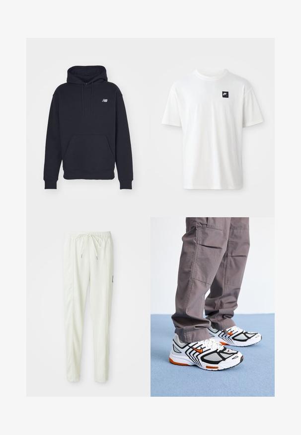 Fato preto feito de uma mistura de algodão, apresentando um bolso canguru, capuz com cordão e um pequeno logótipo bordado no peito.; T-shirt branca em algodão com mangas curtas e decote redondo; apresenta um pequeno logótipo retangular preto da Nike Air no lado esquerdo do peito.; Calças jogger slim-fit brancas com cintura elástica e cordão, apresentando detalhes nas costuras laterais e um pequeno patch preto na perna direita.; Tênis de corrida brancos com detalhes em preto e laranja, apresentando um cabedal em malha e sola de borracha contrastante, combinados com calças cargo cinzas.