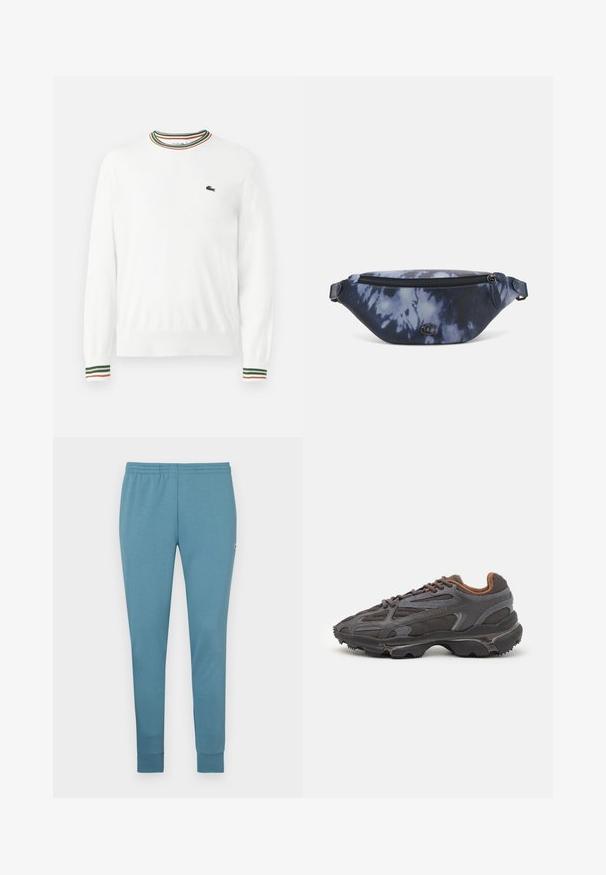 Witte trui met ronde hals, voorzien van groene, rode en oranje gestreepte accenten op de kraag en mouwen. Lacoste-logo op de borst.; Lichtblauwe joggingbroek van zachte stof, met een tapers ontwerp, elastische tailleband en afgewerkte boorden. Klein logo aan de zijkant.; Lacoste sneakers in donkergrijs van mesh en synthetisch materiaal, met een gestructureerde zool en bruine accenten op de kraag en branding.; Fanny pack in donkerblauw tie-dye print met een ritssluiting bovenaan, textuur materiaal en een opvallend logo op de voorkant.