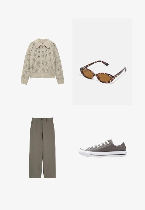 Ljusbeige stickad tröja med stor krage, öppen vävstruktur, ribbade ärmslut och midja, med en texturerad yta.; Vit kortärmad t-shirt, rundad halsringning, tillverkad av mjuk, slät bomullstyg, med rak fåll och minimal detaljering. En enkel och mångsidig design.; Vida byxdress i olivgrön tyg med knappstängning, framfickor och en slät, något strukturerad yta.; Grå canvas sneakers med vit gummisula, svart rand och metallöglor. Har rund tå, låg design och textilier med struktur.; Sköldpaddsmönstrade solglasögon med ovala linser, bruntonade, tunna bågar med texturerat mönster, lätt plastbåge.
