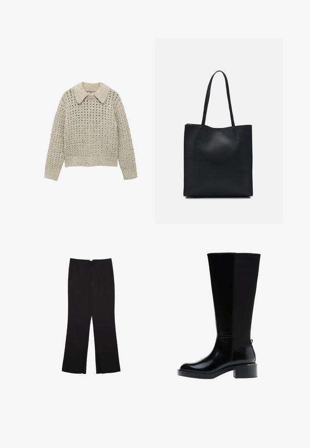 Hellbeige gestrickter Pullover mit großem Kragen, offenem Strickmuster, gerippten Bündchen und einem Bund, mit einer strukturierten Oberfläche.; Schwarze Hose mit geradem Schnitt, ausgestattet mit Fronttaschen und Seitenschlitzen am Saum. Hergestellt aus weichem, glattem Stoff. Geeignet für verschiedene Anlässe.; Schwarzer kniehoher Stiefel aus glattem Leder, mit markanten Nähten, klobigem Absatz und einer strukturierten Rückseite für zusätzlichen Akzent.; Schwarze Laptoptasche aus Leder mit glatter Textur, rechteckiger Form und zwei langen Griffen. Keine sichtbaren Beschläge oder Verzierungen.