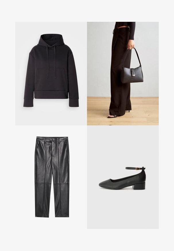 Μαύρη φούτερ φτιαγμένη από μαλακό ύφασμα, με μπροστινή τσέπη, κουκούλα με κορδόνι και ριμπ μανσέτες. Κοντή σχεδίαση με χαλαρή εφαρμογή.; Μαύρο δερμάτινο παντελόνι με λεία υφή, διαθέτει ίσια γραμμή, δύο μπροστινές τσέπες και εμφανείς λεπτομέρειες ραφής.; Μαύρο δερμάτινο τακούνι με μυτερή μύτη και χαμηλό τετράγωνο τακούνι. Διαθέτει λουράκι στον αστράγαλο με χρυσό τόνο πόρπη. Λείο υφή.; Μαύρη τσάντα χειρός με δομημένο σχήμα, λεία υφή και μεταλλικό κούμπωμα. Συνδυασμένη με φαρδιά μαύρα παντελόνια και σανδάλια ανοιχτής μύτης πάνω σε ξύλινο πάτωμα.