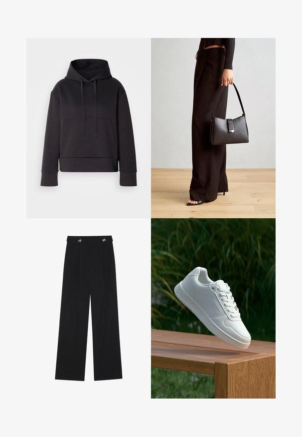 Melnā kapuci izgatavota no mīksta auduma, ar priekšējo kabatu, auklu kapuci un ribotām piedurknēm. Īsāks dizains ar brīvu piegriezumu.; Melnas platās bikses ar augstu jostasvietu, pogu detaļām uz jostas un priekšējām krokām.; Baltie sporta apavi ar gludu sintētisku augšpusi, perforētu pirkstu daļu, plakani šņorēm un rakstainu zoli, novietoti uz koka virsmas.; Melnā somiņa ar strukturētu formu, gludu tekstūru un metālu sprādzi. Saskaņota ar platām melnām biksēm un sandālēm ar atvērtu purngalu uz koka grīdas.