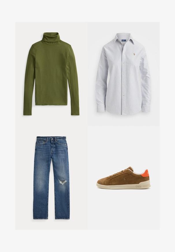 Oliven grøn turtleneck topp i ribbet tekstur, med lange ermer og en tettsittende design med en liten brodert logo ved kanten.; Stripete skjorte i lyseblå og hvit, med myk stoff, klassisk krage og brodert logo på brystet.; Blå denimjeans med middels høy midje, fem lommer og et frynsete hull på høyre kne.; Brune semskede sneaker med en kremfarget gummisåle, med oransje detaljer på hælen og en liten logo-detalj på siden.