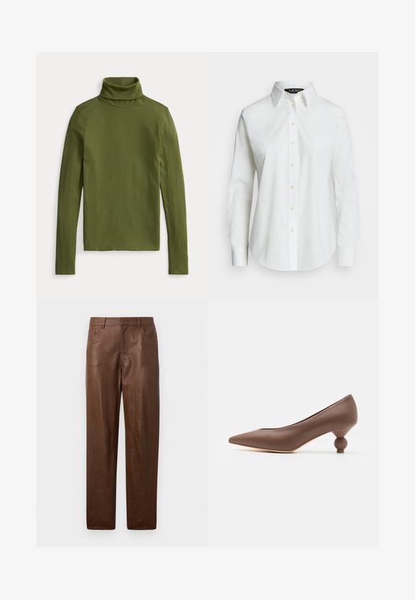 Alyvuogių žalia kaklo megztinis su raukšlėta tekstūra, ilgomis rankovėmis ir prigludusiu dizainu, su mažu siuvinėjimu ant apatinio krašto.; Balta ilgomis rankovėmis marškinėliai su mygtukais, pagaminti iš medvilnės. Turi klasikinį apykaklę, septynis mygtukus ir subtilų logotipą išsiuvinėtą ant krūtinės.; Rudos odinės kelnės su glotnia tekstūra, tiesaus kirpimo dizainu ir dviem šoninėmis kišenėmis. Pabrėžti matomi siuvimo detalės.; Rudos odos aštriakupiai bateliai su unikalia apvalia kulno dalimi. Lygi tekstūra, elegantiškas dizainas ir minimalistiniai akcentai.