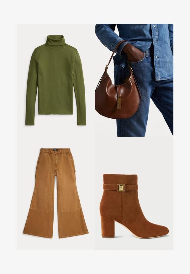 Oliivroheline kõrge kaelusega topp ribatekstuuriga, millel on pikad varrukad ja keha lähedal disain, mille allservas on väike broderitud logo.; Pruunid laia säärtega püksid, valmistatud puuvillast, millel on lapitöödetailid, nööpidega kinnitussüsteem ja esiküljel kaldus taskud. Sile tekstuur, vabaaja disain.; Pruun nubukist pahkluu saabas, millel on plokk-kand. Säärte kohal on kullatooni pandla rihm ning sujuv, kitsenev nina.; Pruun nahast hobo kott ümmarguse kujuga, millel on kuldne metallist detail ja kontrastne õmblus. Koos teksapitsi ja teksastega.