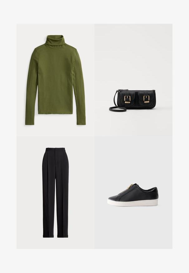 Olivovo zelený svetrový top s vysokým golierom v rebrovanej textúre, s dlhými rukávmi a priliehavým strihom, s malým vyšitým logom na leme.; Čierne prispôsobené nohavice s vysokým pásom, prednými záhybmi, rovnými nohavicami a manžetami na leme. Vyrobené z hladkej tkaniny.; Čierne kožené tenisky s nízkym vrchom a bielou podrážkou, so zlatým zipsom, bočný pohľad, minimalistický štýl na jednoduchej pozadí.; Čierna kožená crossbody taška s dvoma prednými vreckami, zlatými sponami, zipsovým uzatváraním a úzkym popruhom. Štruktúrovaný povrch a kompaktný obdĺžnikový tvar.