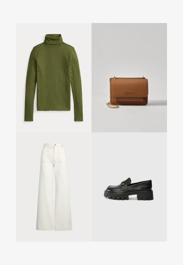 Olive green turtleneck top in a ribbed texture, featuring long sleeves and a fitted design with a small embroidered logo at the hem.; Wide-leg jeans in off-white denim. High-waisted design with a button closure, two front pockets, and contrast stitching details.; Black leather loafers with a chunky sole, featuring a gold-tone accent on the front and a smooth finish. Chunky tread design on the sole.; Brown textured leather crossbody bag with gold chain strap and flap closure. Front features logo detail and a pocket under the flap.