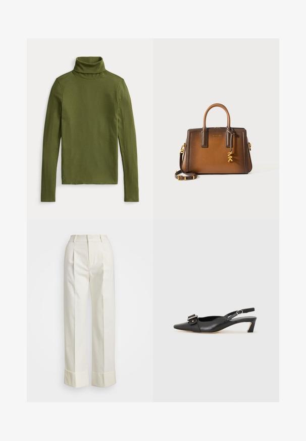 Oliven grøn turtleneck topp i ribbet tekstur, med lange ermer og en tettsittende design med en liten brodert logo ved kanten.; Hvite skreddersydde bukser med høy midje, doble frontfold, og vide ben med brettede mansjetter. Laget av et glatt, teksturert stoff.; Svarte skinn slingback-sko med spiss tå, liten hæl og dekorativ spenne-detalj på overdelen. Glatt tekstur, minimalistisk design.; Brun lærveske med dobbel topphåndtak, avtakbar skulderstropp, gullfarget hardware og en dekorativ anheng med bokstavene "MK."