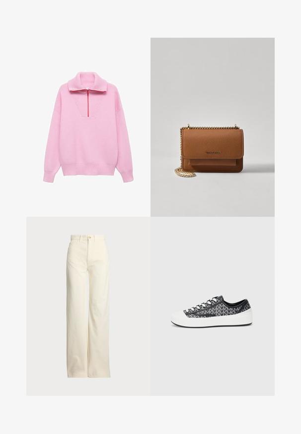 Roze gebreide trui met hoge kraag, voorzien van een rits aan de voorkant en een geribbelde textuur. Losse pasvorm met geribbelde manchetten en zoom.; Polo Ralph Lauren COTTON CORDUROY WIDE-LEG PANT - Broek - warm white; Zwart-witte sneakers met een zwart-grijs patroon, voorzien van een witte rubberen neuskap en zool, zwarte veters en een gestructureerd bovenwerk.; Bruine lederen schoudertas met textuur, voorzien van een gouden kettingstrap en klepsluiting. De voorkant heeft een logo-detail en een zak onder de klep.